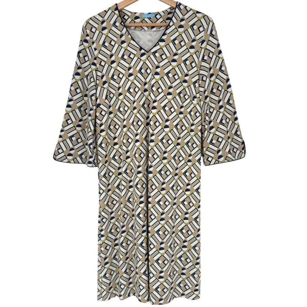 J.McLaughlin Womens Judith Print V-Neck‎ Bell Sleeve Shift Dress Tan Navy M